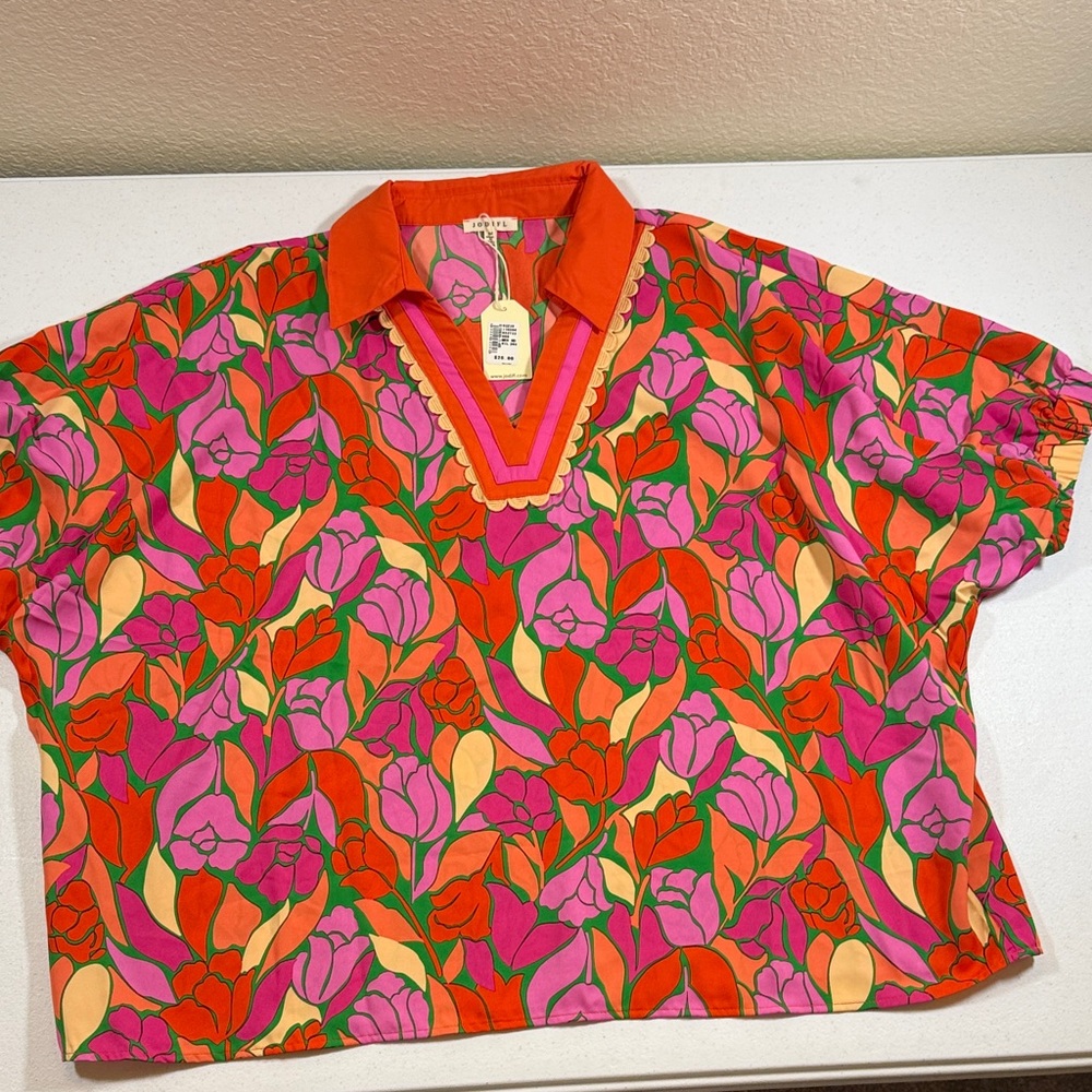 Jodifl FloralPolo Top in Pink, Red & Orange